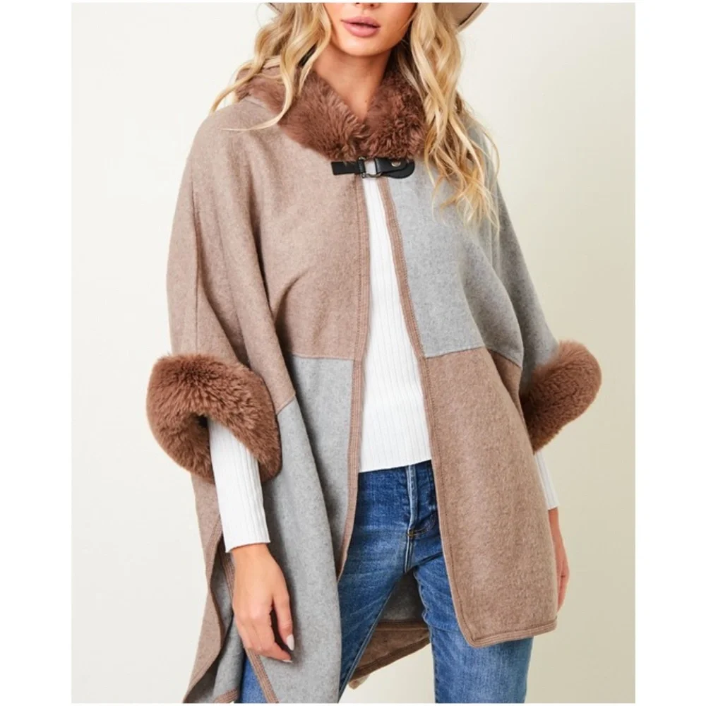 035 Cozy Vegan Fur Color Block Hoodie Jacket Coat - Picture 3 of 6